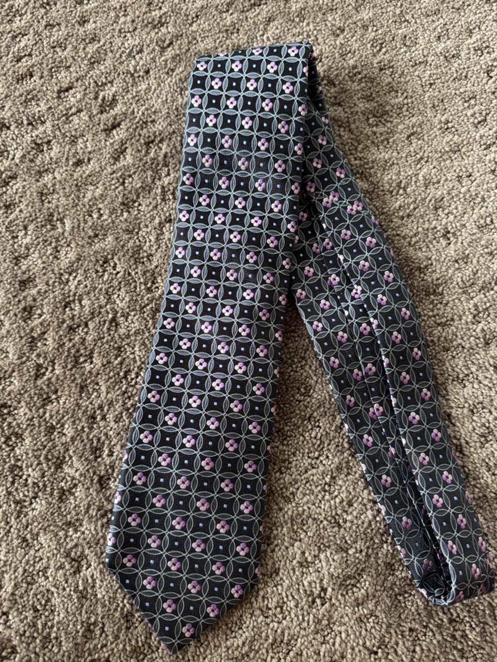 Ike Behar Black Tie with Lavender Geometric Floral Pattern